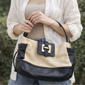 Kate Spade Black Tan Leather Handbag Purse 2000s Y2K Drawstring Side Pouches